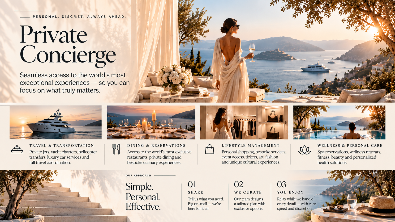 Luxury resort promotional flyer featuring a woman with a glass of wine overlooking a scenic ocean view with boats, yachts, and islands at sunset. Lower section shows images of a yacht, a dinner table, and interior scenes of shopping and relaxation.