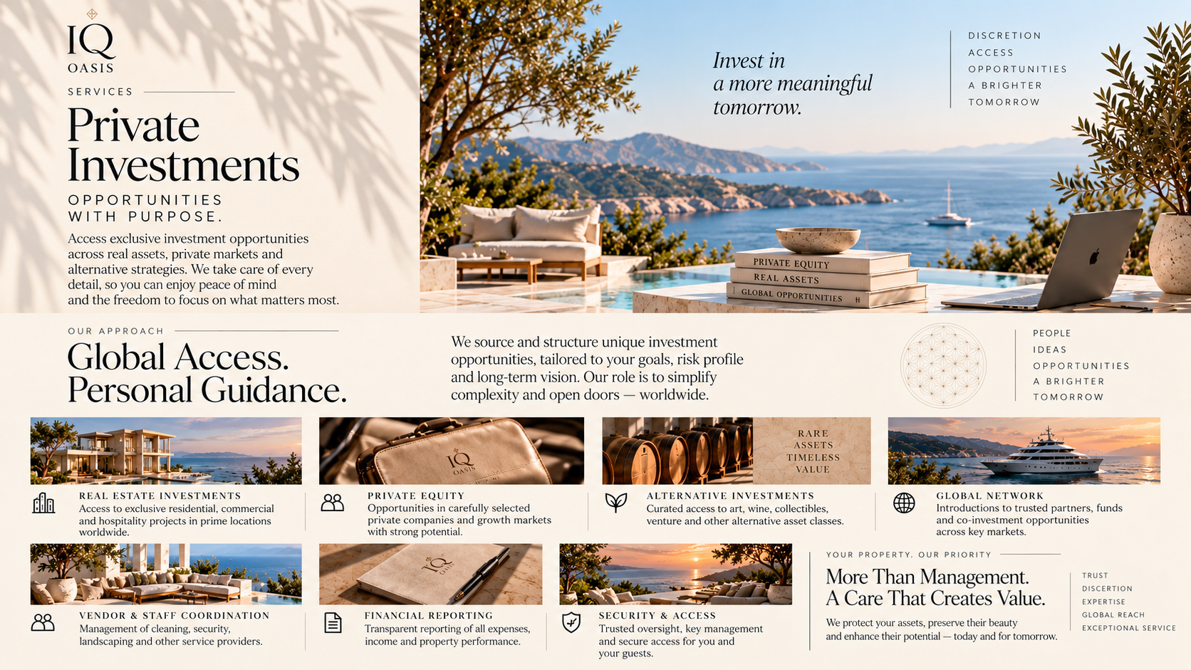 A promotional infographic for IQ Oasis Services Private Investments, showcasing a luxury outdoor setting with a pool, a view of the ocean, a laptop, and stacked books about private equity, real assets, and global opportunities. The infographic emphasizes investment opportunities, guidance, and trust.