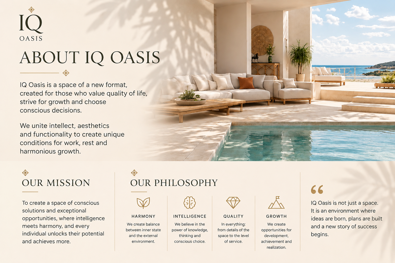 A spacious, sunlit living area with a pool, outdoor view of the ocean, comfortable white sofa with cushions, potted plants, decorative wall art, and steps leading to an outdoor seating area.