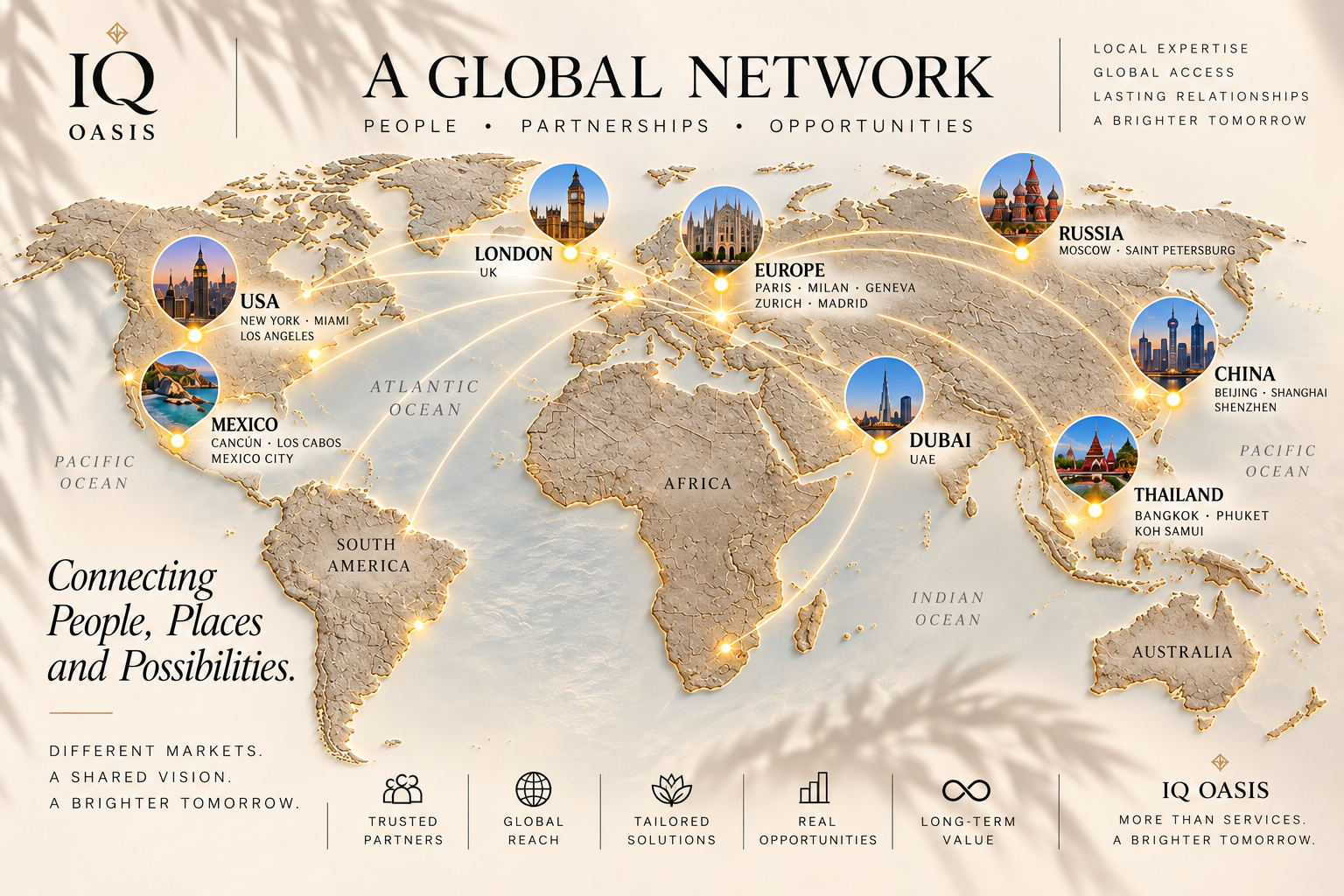 World map showing IQ Oasis' global network with highlighted cities including New York, Miami, Los Angeles, Mexico City, London, Paris, Milan, Zurich, Madrid, Moscow, Saint Petersburg, Beijing, Shanghai, Shenzhen, Bangkok, Phuket, Koh Samui, Dubai, and connecting lines.