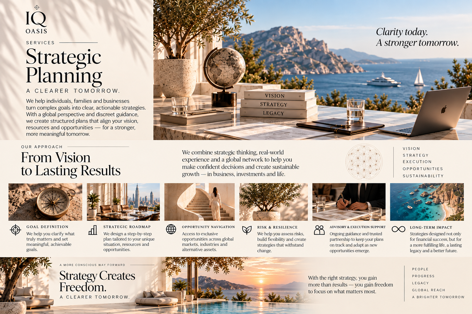 A marketing webpage for IQ Oasis services in strategic planning. Features an outdoor office setup with books labeled 'Vision,' 'Strategy,' and 'Legacy,' a globe, a laptop, and a view of the sea and mountains. Text highlights the company's approach to turning goals into actionable strategies, emphasizing vision, growth, and sustainability.
