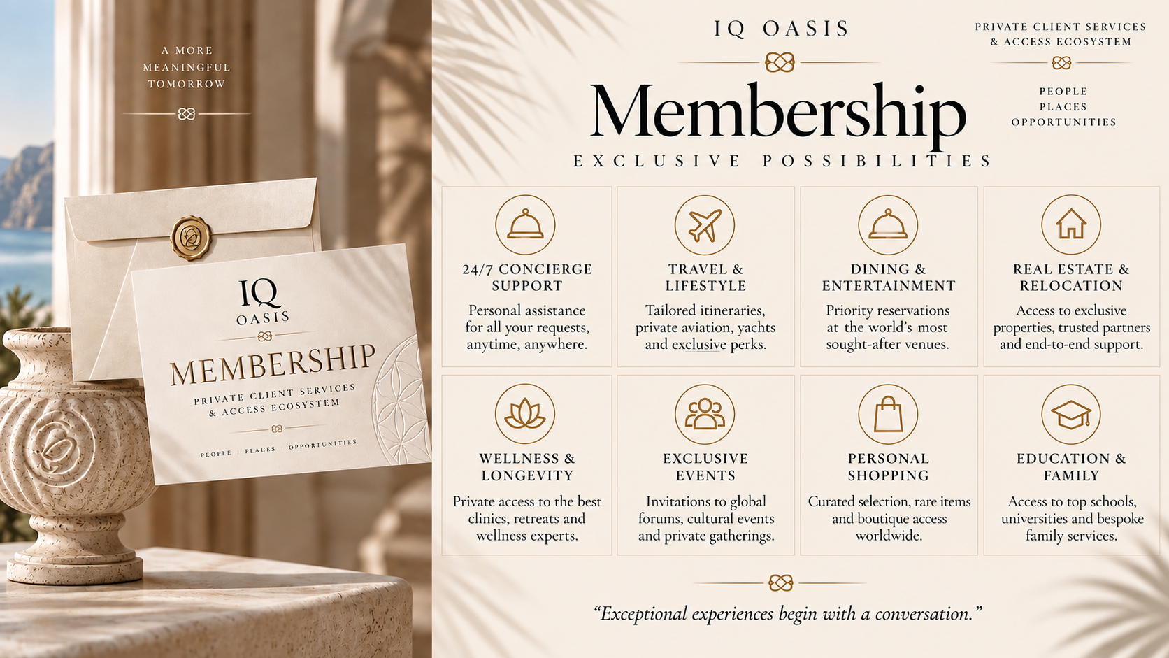 A promotional display for IQ Oasis membership showing a letter and envelope with the membership details on a marble table near a scenic outdoor background.