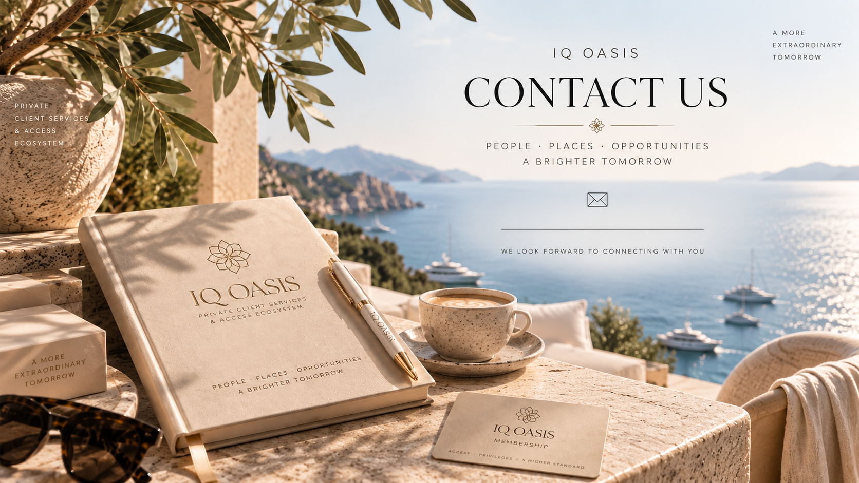 A promotional webpage for IQ Oasis with a scenic coastal view featuring boats in the water, a potted plant, a notebook, a pen, a coffee cup, and membership information cards on a stone table, suggesting a luxurious and tranquil environment.