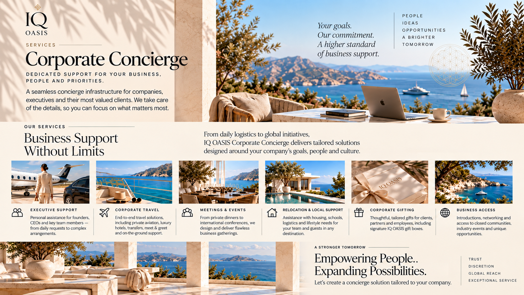 A promotional webpage for IQ Oasis Corporate Concierge services. The page features a scenic view of mountains, water, and boats, with a workspace set up on an outdoor terrace with a laptop, books, and a coffee cup. It highlights various services such as business support, travel, meetings, relocation, corporate gifting, and business access, emphasizing support for companies, people, and priorities.