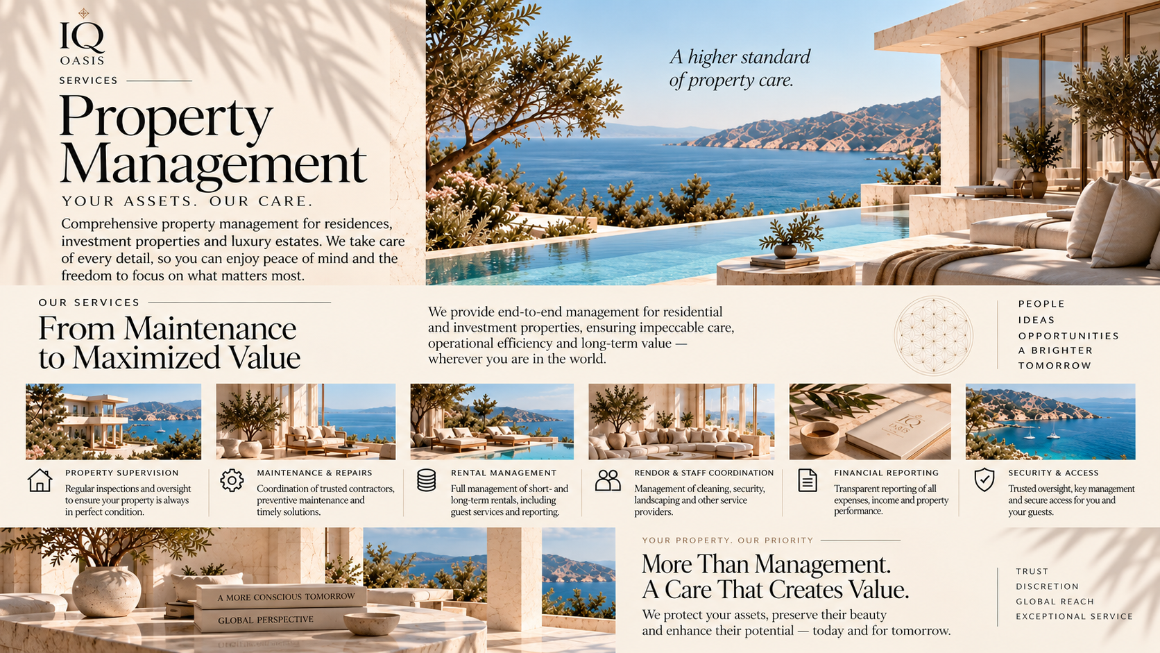 A promotional poster for IQ Oasis Property Management featuring a luxurious coastal property with an infinity pool, ocean view, and outdoor seating area. The poster emphasizes comprehensive property care, maintenance, rental management, security, financial reporting, and staff coordination services.