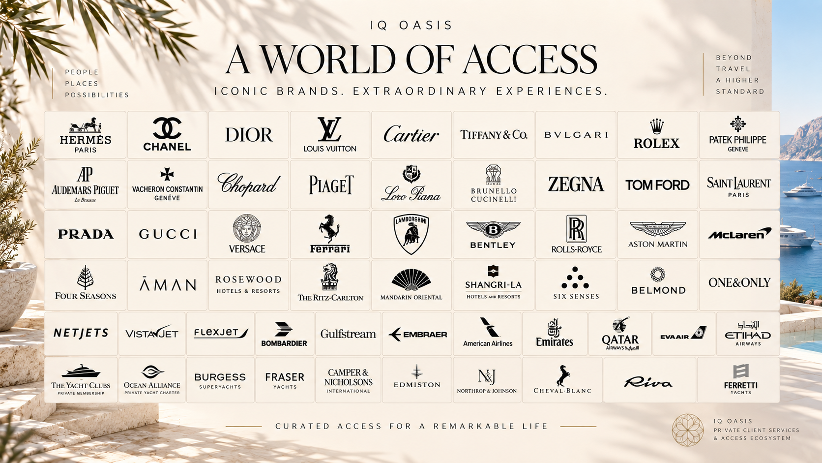 A banner displaying luxury brand logos arranged in rows over a beige background with a seaside view. The banner highlights exclusive access to iconic brands and experiences, with the caption 'A World of Access' and details about private client services.