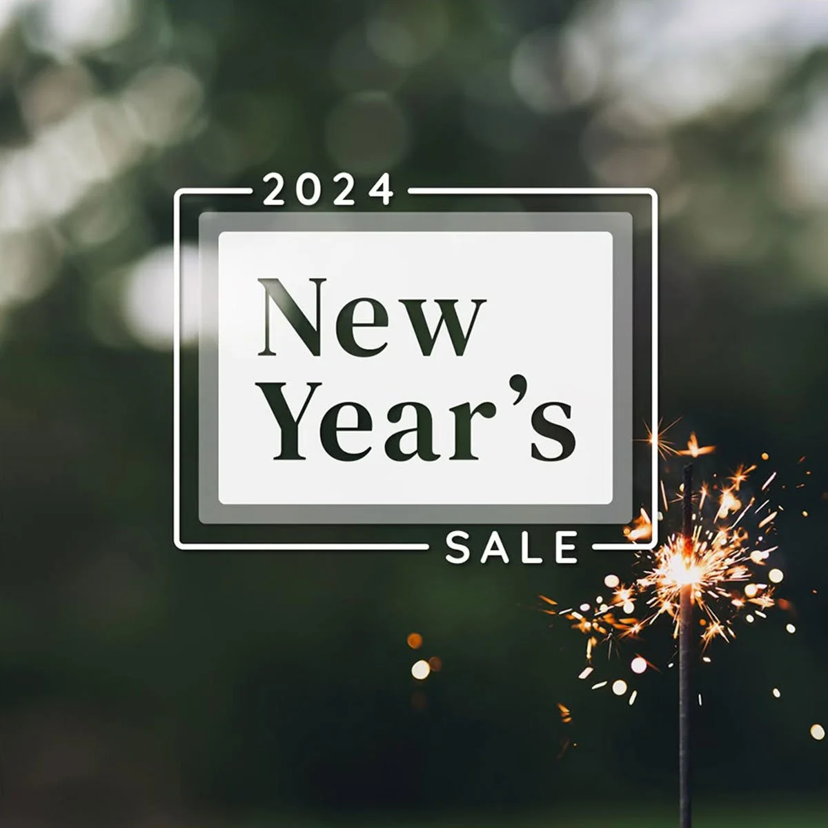 A graphic announcing a 2024 New Year's sale with sparkler fireworks in the background.
