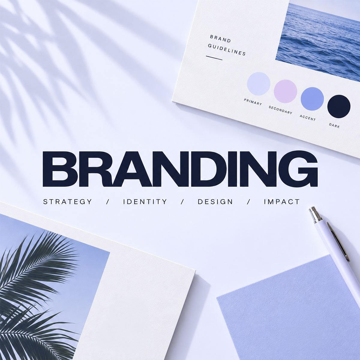 A branding strategy sheet with a white pen, a blue paper, a palm frond print, a photo of ocean water, and a color palette featuring shades of blue and purple labeled primary, secondary, accent, and dark.