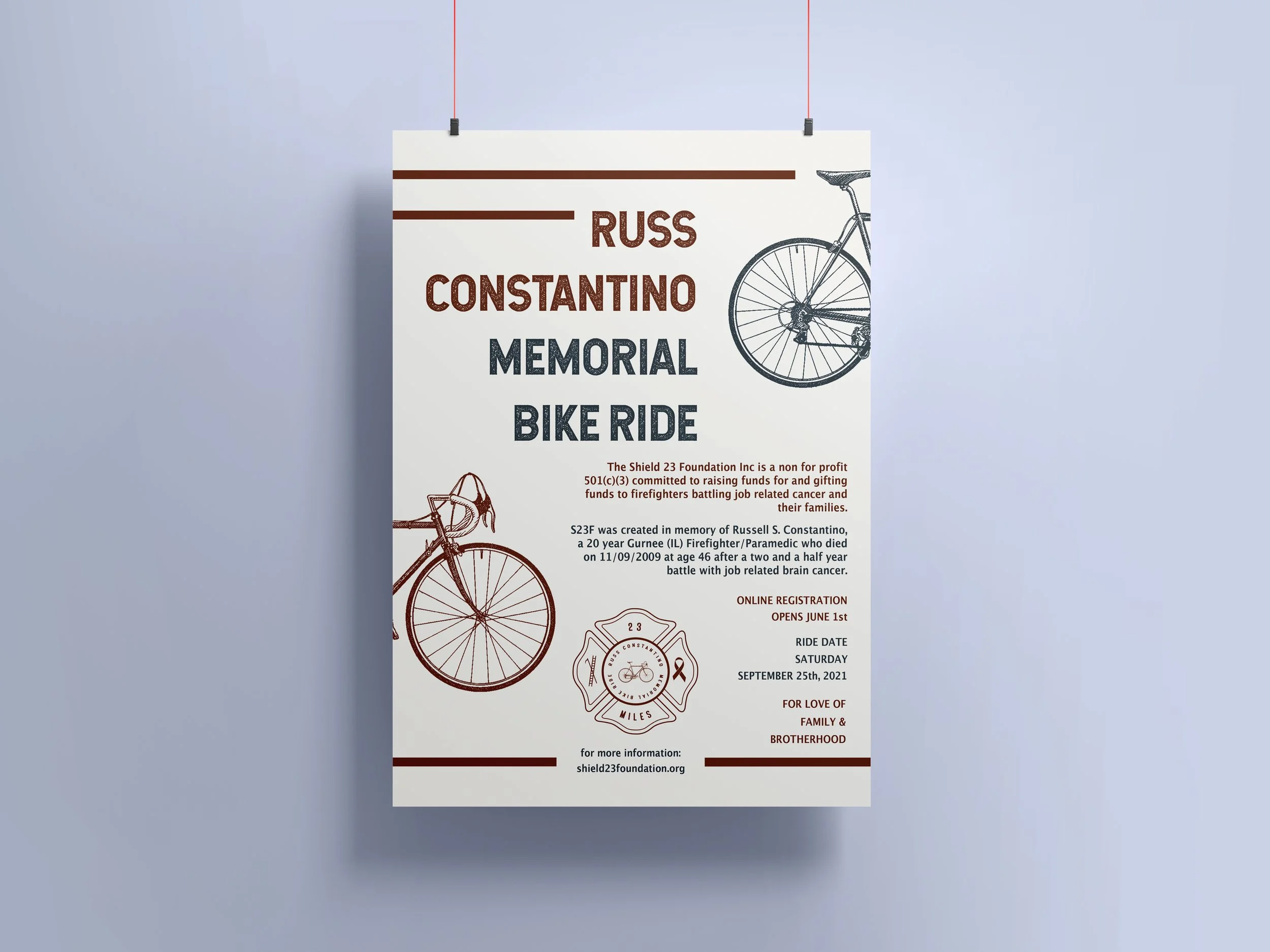 Flyer for the Russ Constantino Memorial Bike Ride featuring black and red text on a white background, with a partial image of a bicycle and a ribbon symbol. Details include date, registration info, and a dedication to firefighter Russ Constantino.