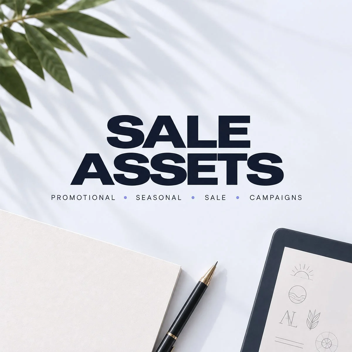 A promotional image for a sale on assets, featuring a white background with green leaves in the top left corner, a pen, a tablet with a design, and the text 'SALE ASSETS' with the words 'Promotional, Seasonal, Sale, Campaigns' below.