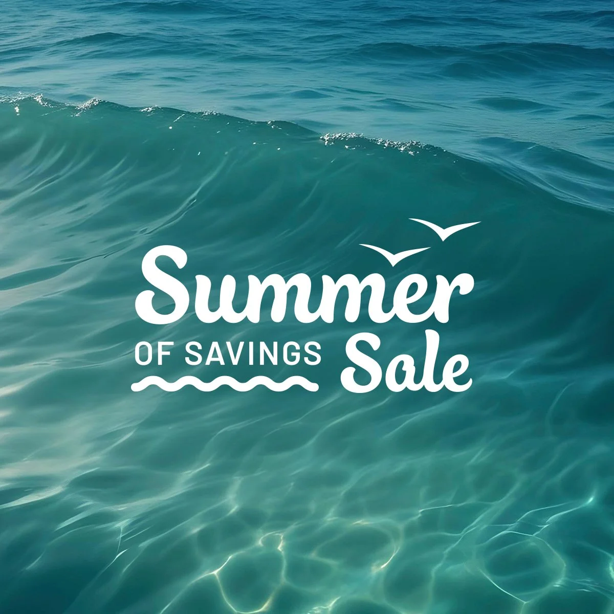 A promotional graphic for a summer sale featuring ocean waves with the text 'Summer of Savings Sale' and seagulls.