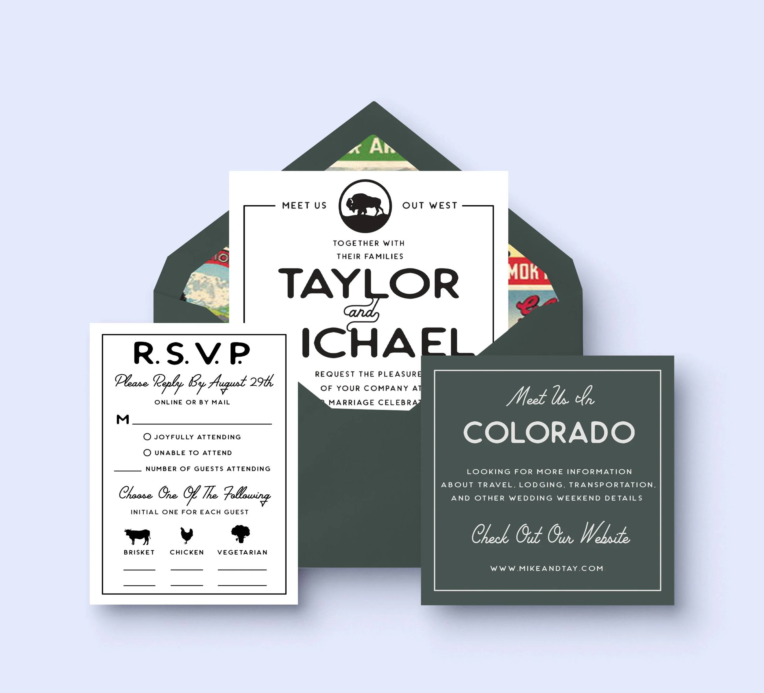 A collection of wedding invitation cards with various designs and information for an event in Colorado featuring the names Taylor and Michael, including RSVP, website, and details for guests.