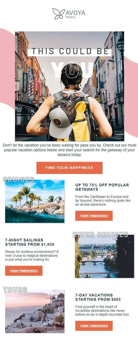 Travel advertisement for Avoya Travel featuring a woman with short hair and a backpack standing on a city street, looking at buildings and signs.