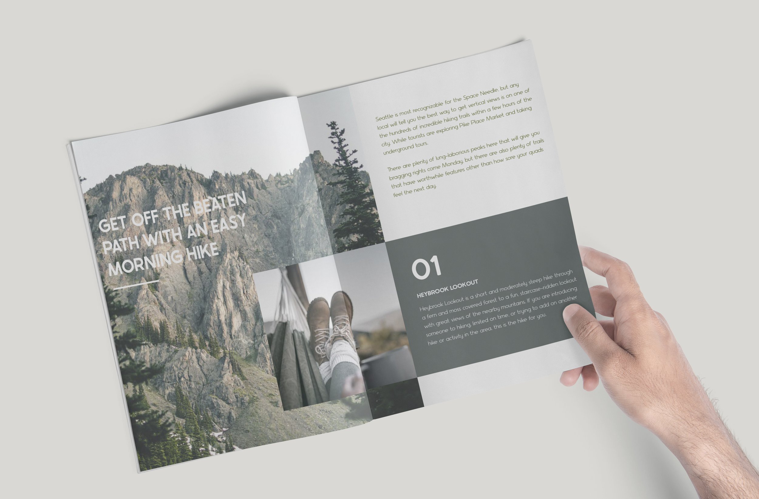 Open travel guide or magazine featuring hiking in the mountains with text about a Morning Hike and scenic mountain views.