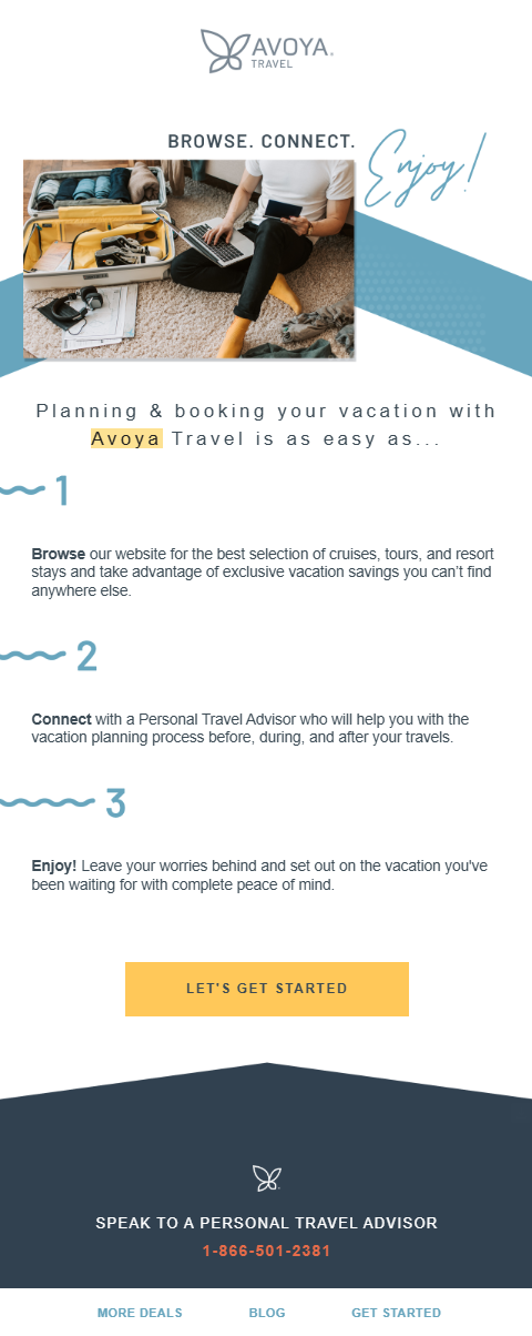 A travel planning advertisement featuring a woman sitting on the floor with an open suitcase, laptop, and travel accessories, promoting Avoya Travel.
