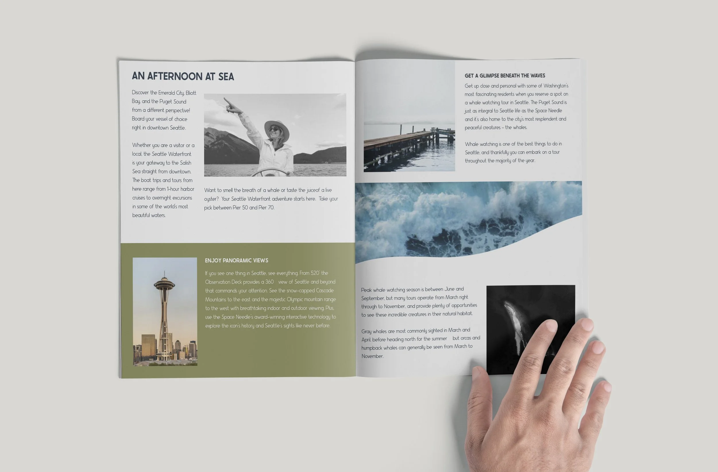 An open magazine showing travel content, including a black and white photo of a woman on a boat, a picture of Seattle's Space Needle, and a photo of ocean waves with some text describing Seattle attractions.