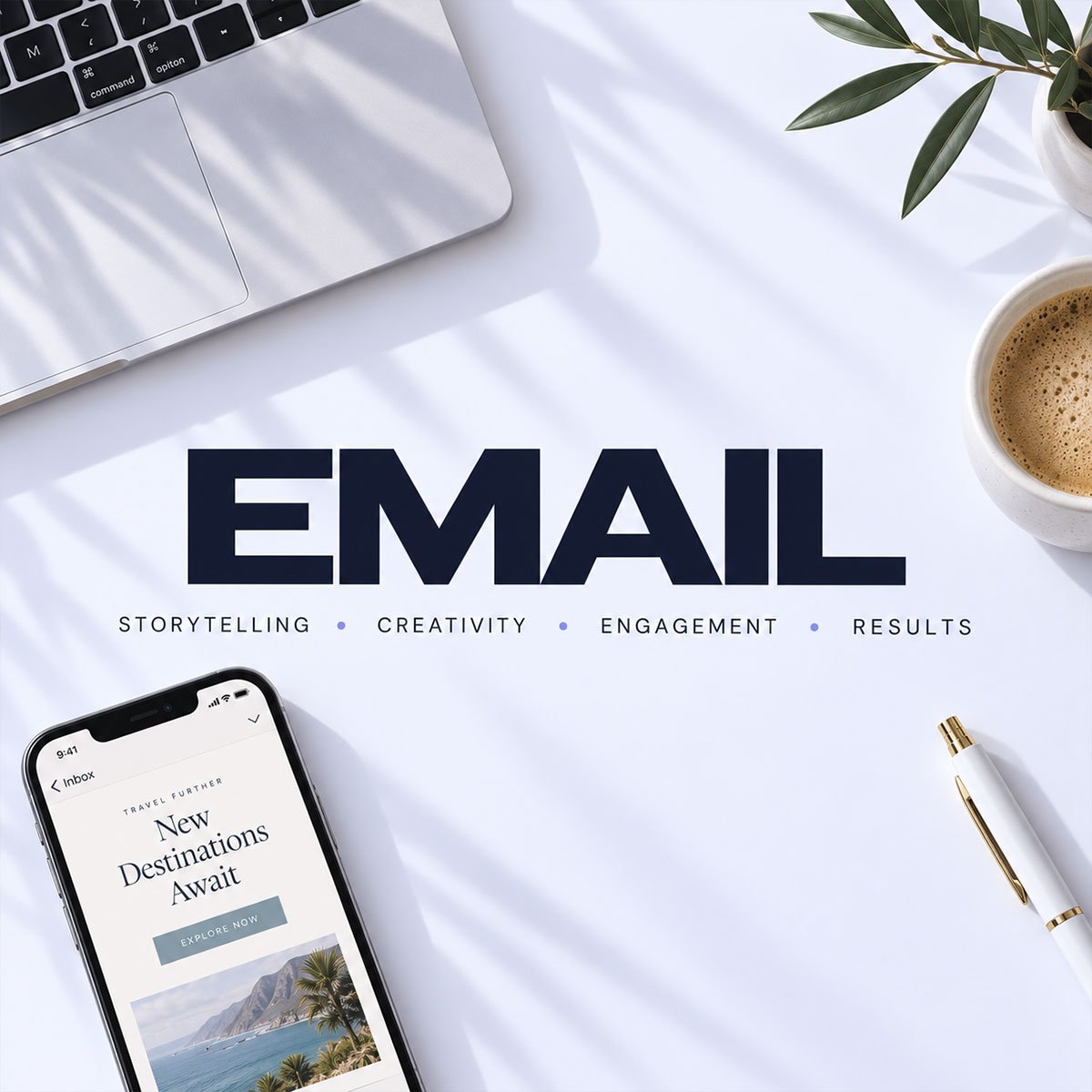 Flat lay of a workspace with a laptop, smartphone, cup of coffee, pen, and a potted plant on a white surface. Text overlay reads 'EMAIL' with the words 'Storytelling, Creativity, Engagement, Results' underneath.