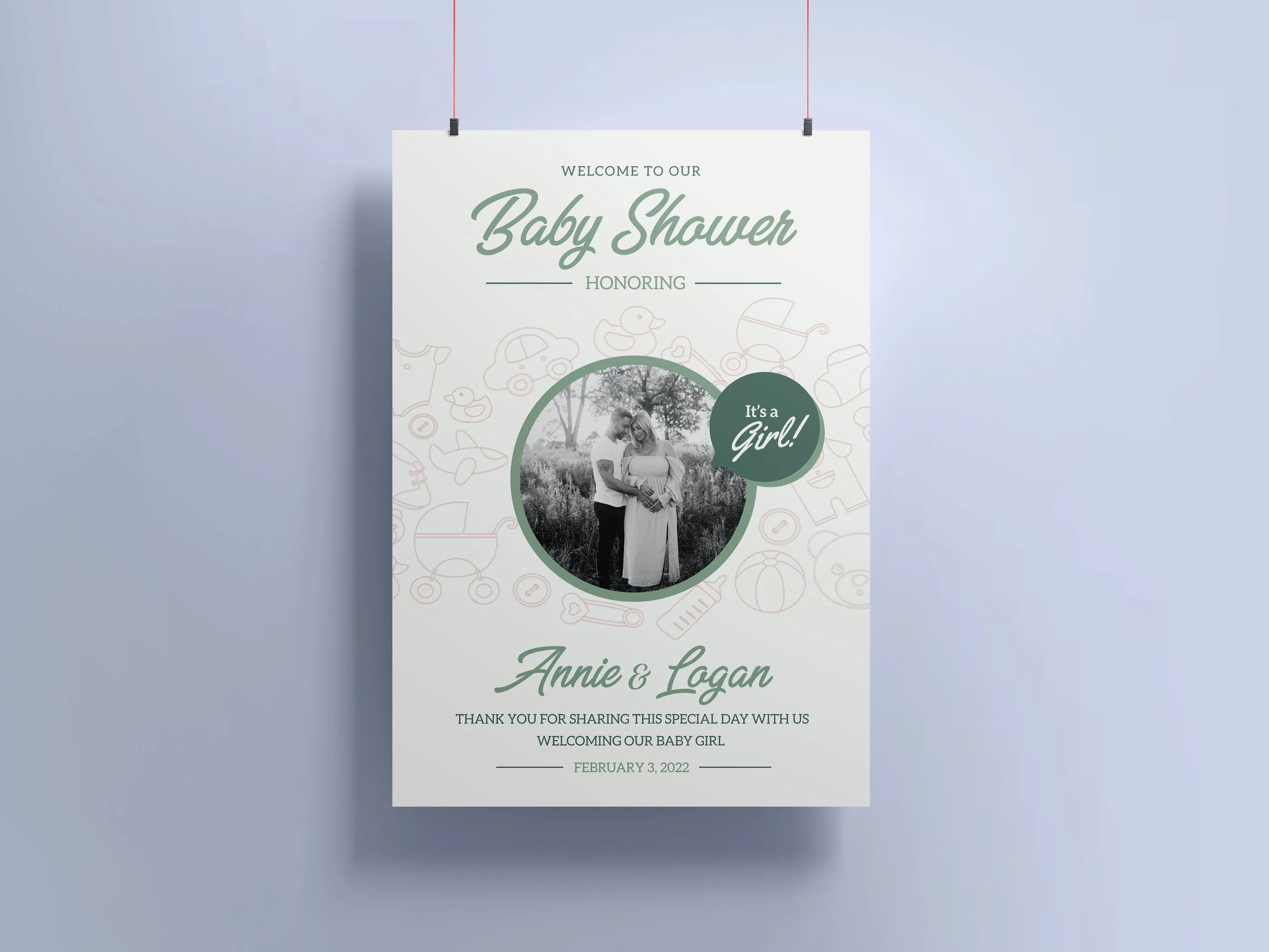 Invitation for a baby shower honoring Annie and Logan, featuring a black-and-white photo of a couple, baby-themed illustrations, and text with event details and date February 3, 2022.