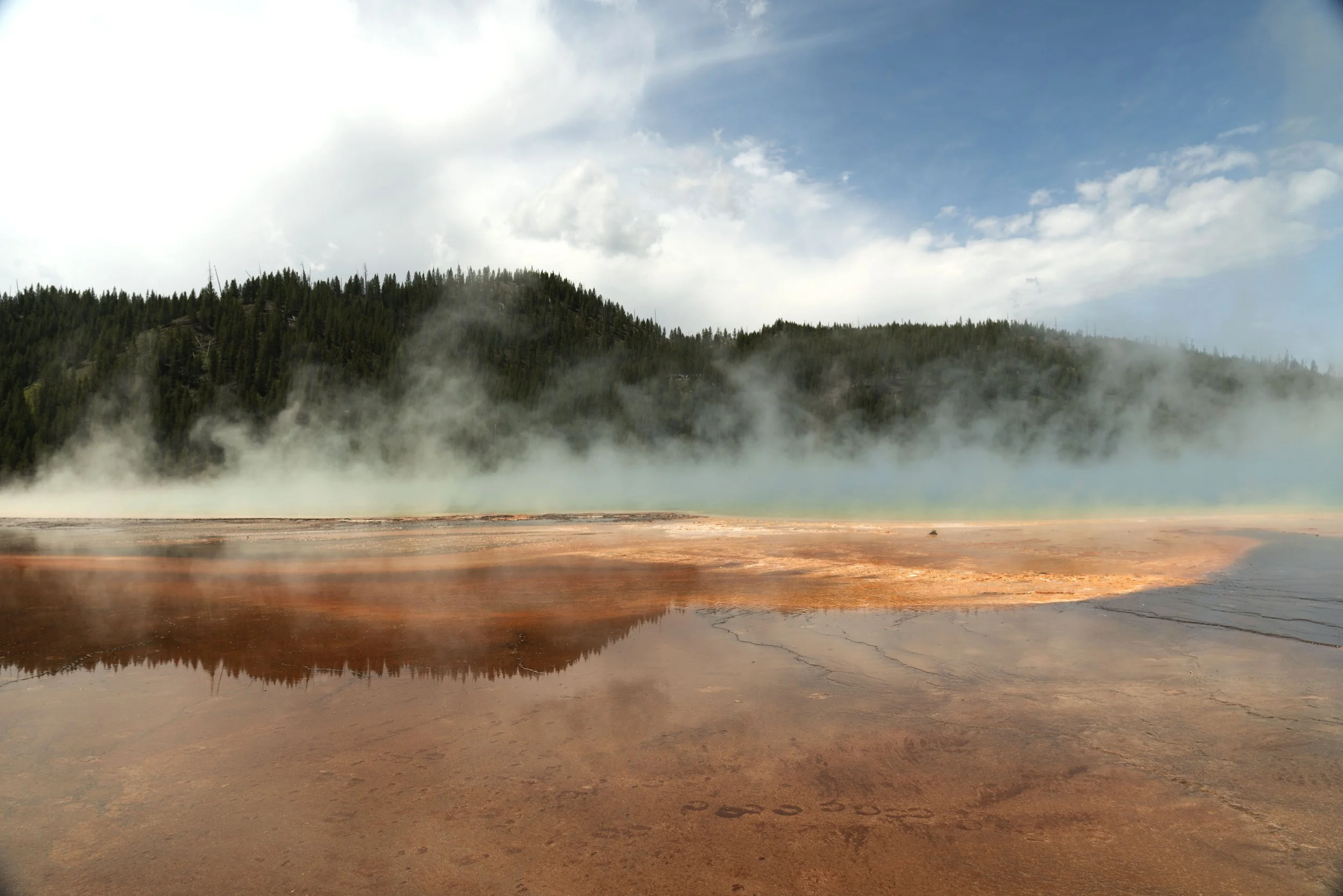 A geothermal hot spring surrounded by steam with a forested hillside and a partly cloudy sky in the background.