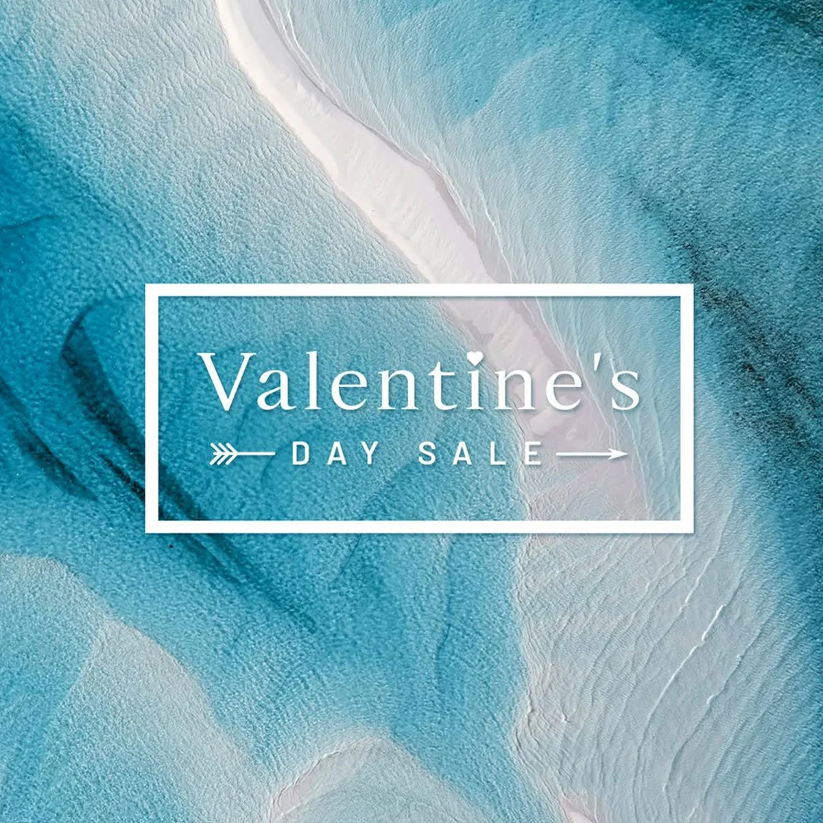 Valentine's Day sale advertisement with a blue abstract background and white text.
