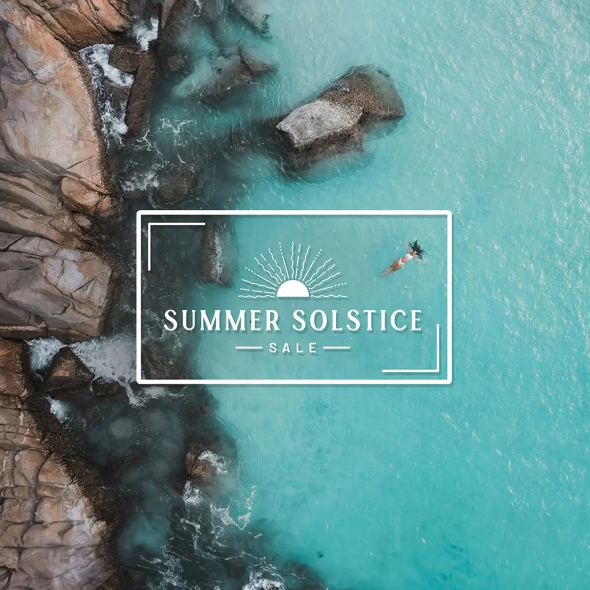 A person floating on water near rocks with a 'Summer Solstice Sale' promotional overlay.