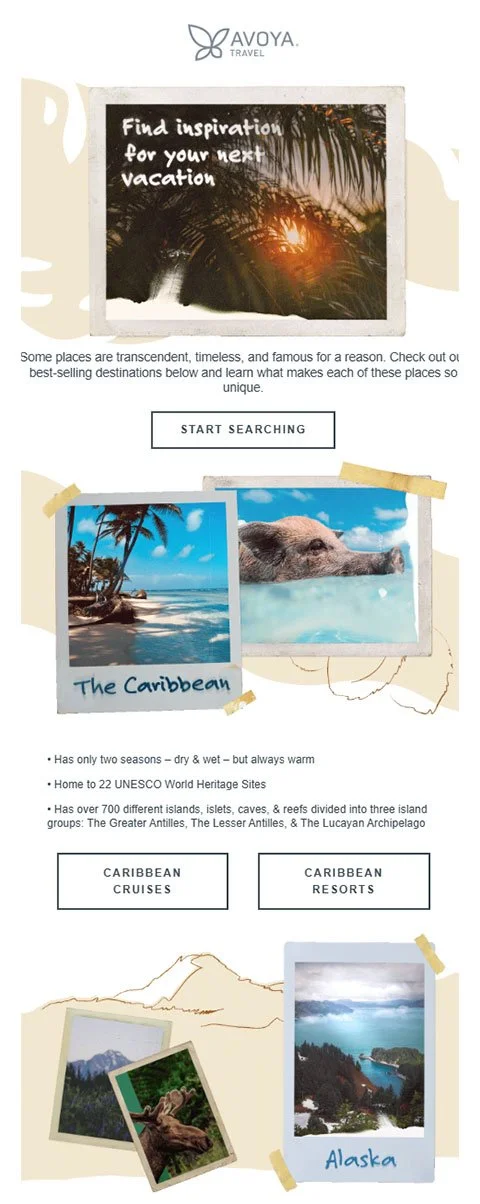 Travel promotion flyer by Avoya Travel featuring images of Caribbean destinations, a sunset, an island scene, a pig, and an Alaska landscape, with text inviting to find inspiration for vacations.