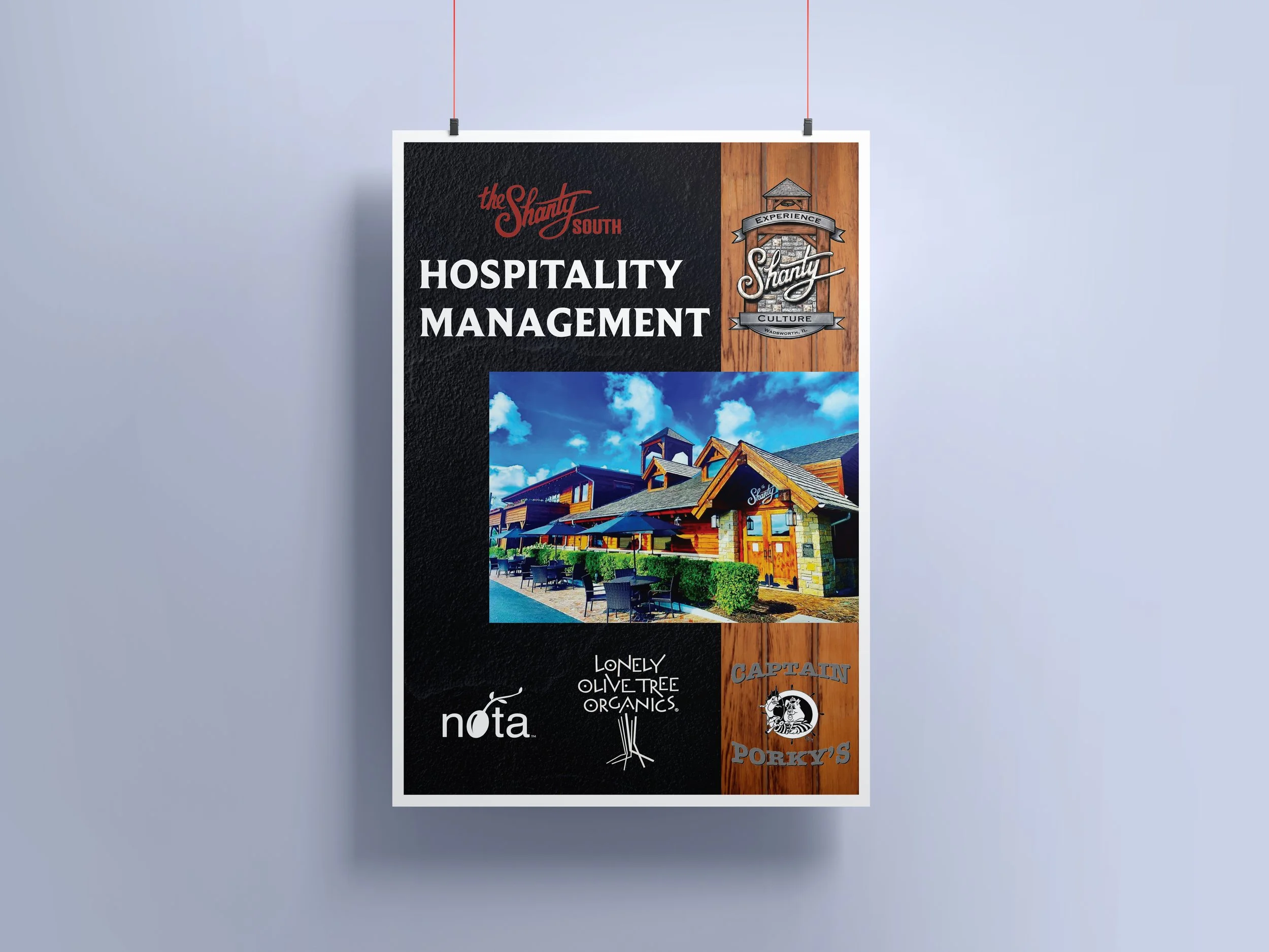 A poster featuring various logos and text including 'The Shanty South,' 'Hospitality Management,' 'Experience Shanty,' 'Culture,' 'Wadsworth, IL,' 'Lonely Olive Tree Organics,' 'Nota,' and 'Porky's,' along with an image of a building with a blue sky.