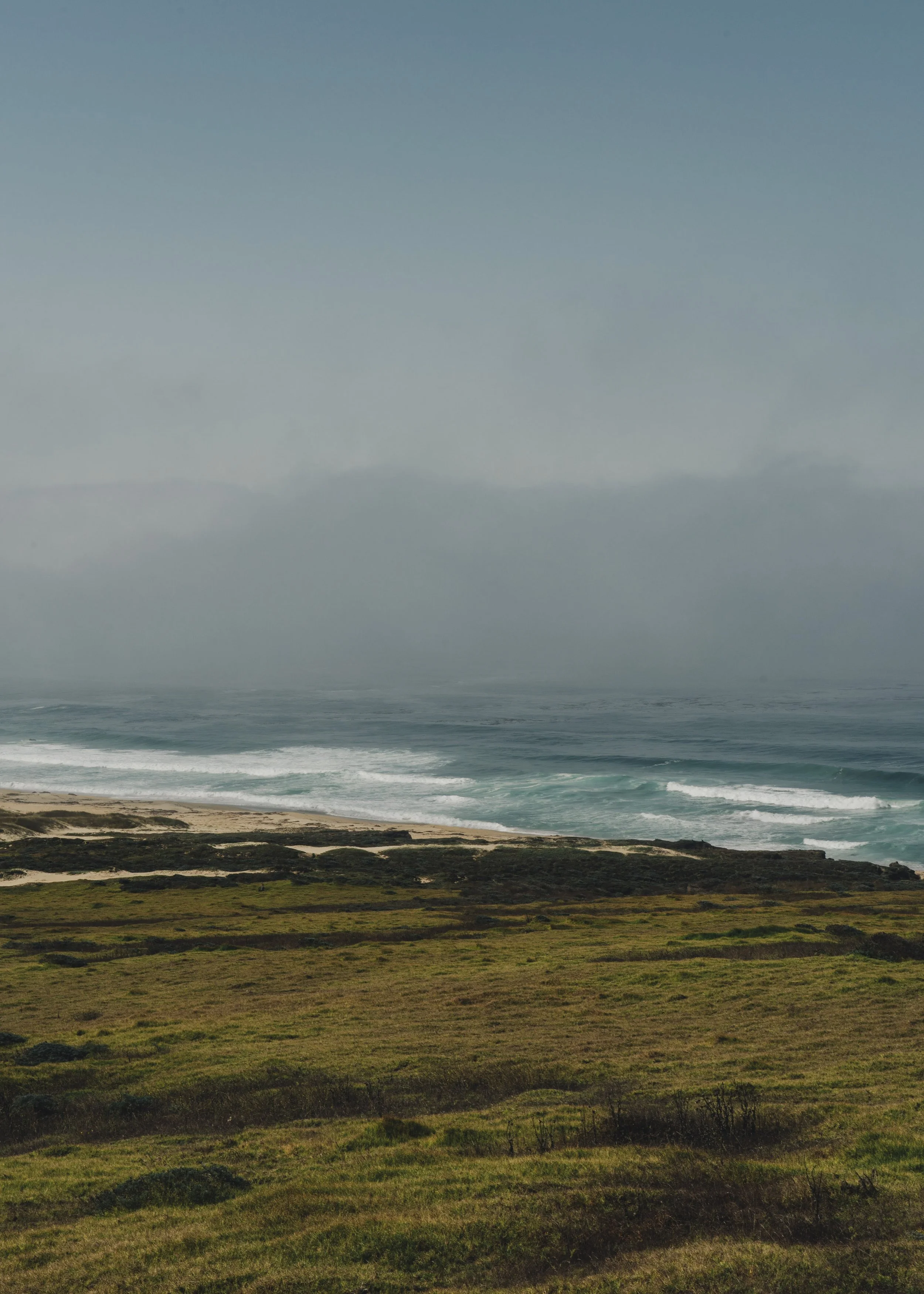 A coastal landscape with grassy dunes in the foreground, ocean waves in the middle ground, and a cloudy sky in the background.