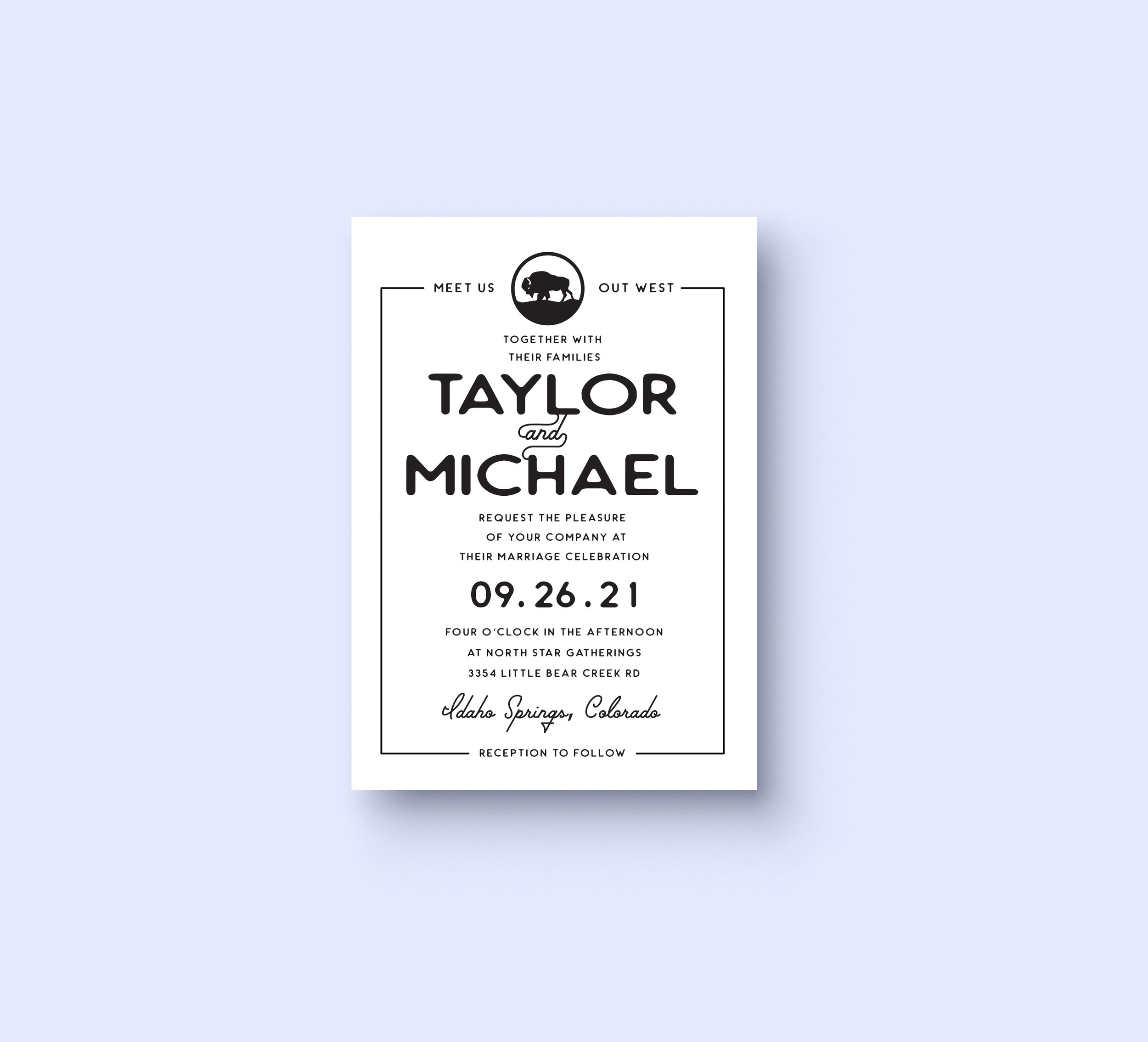 Wedding invitation for Taylor and Michael, scheduled for September 26, 2021, at North Star Gatherings, Idaho Springs, Colorado, with details about the reception following.