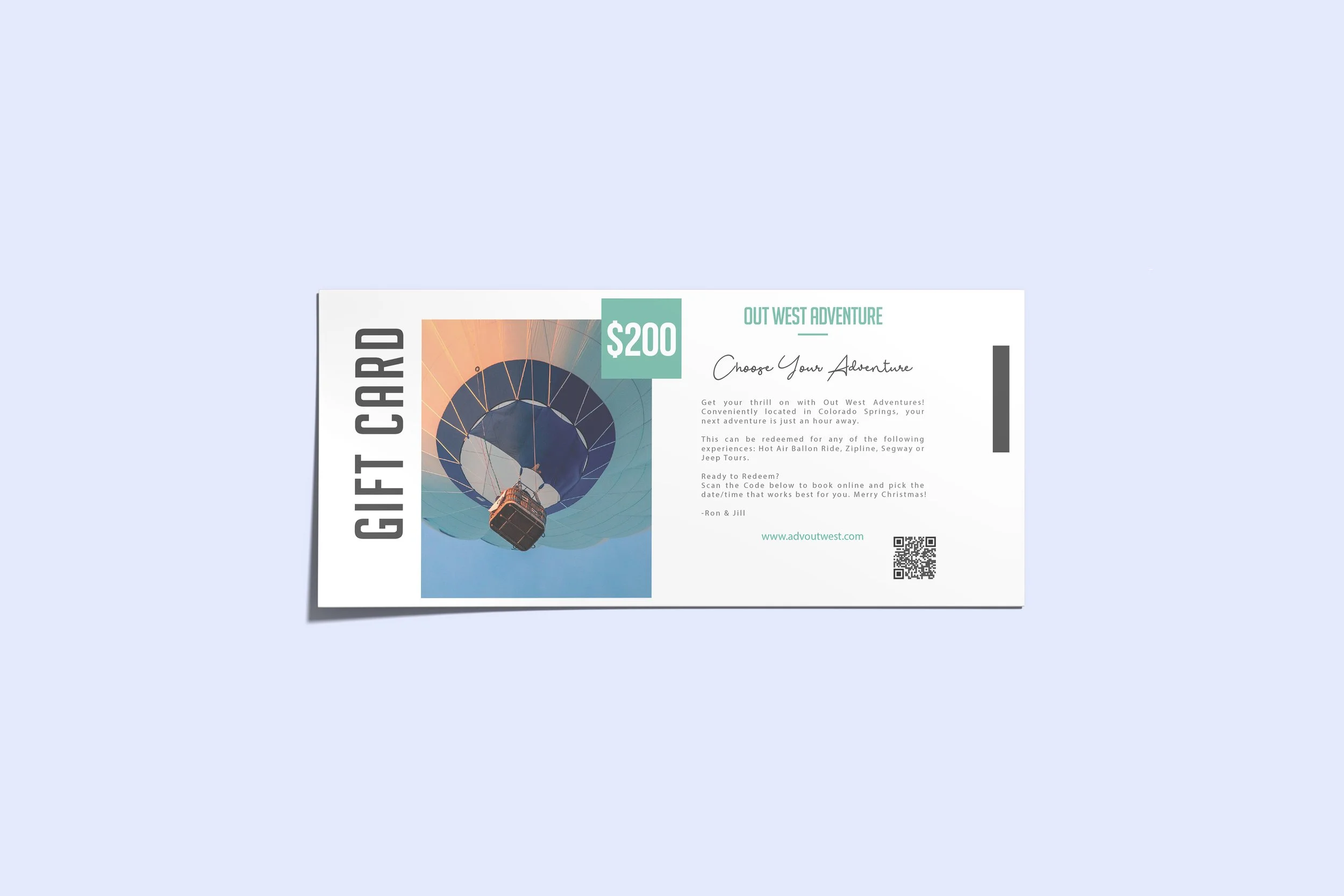 A gift card for Out West Adventure, featuring an image of a hot air balloon in the sky, priced at $200, with details about booking adventures like ziplining and Jeep tours, and a QR code for online booking.