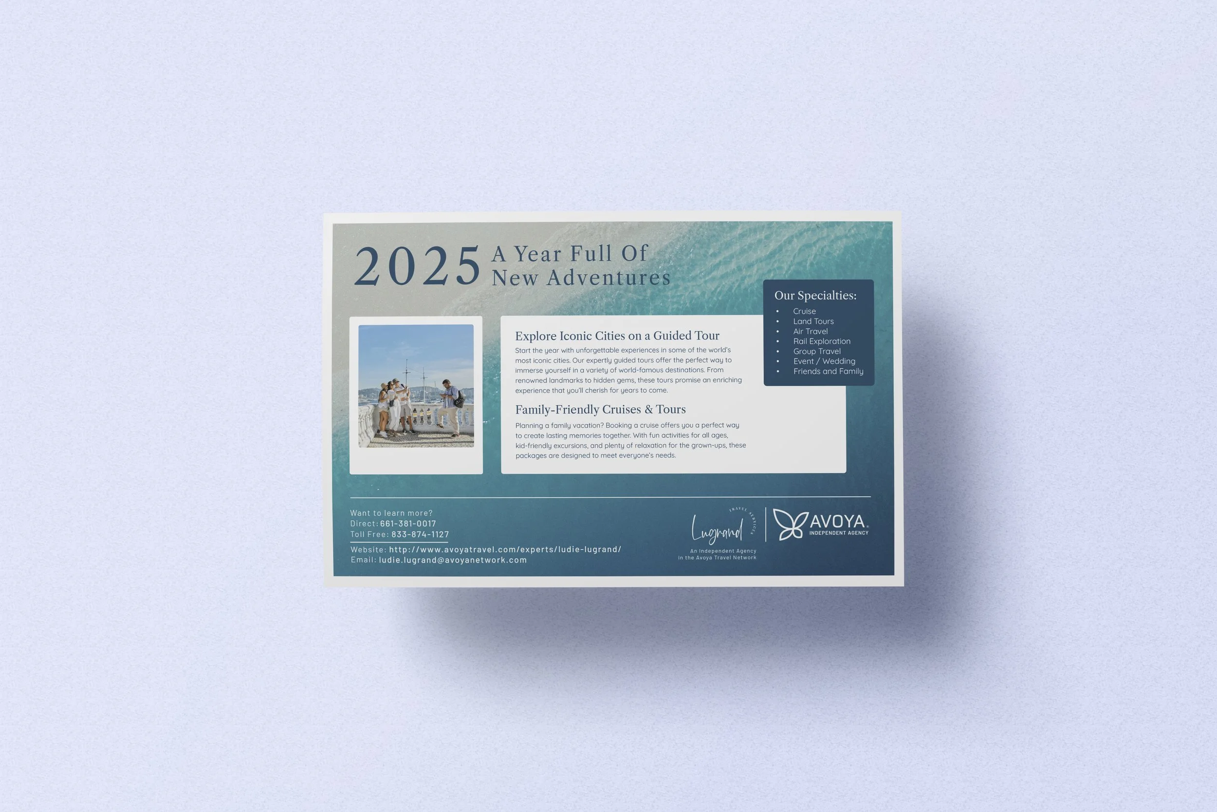 Travel brochure for 2025 featuring iconic cities and vacation packages, with a photograph of tourists sightseeing.