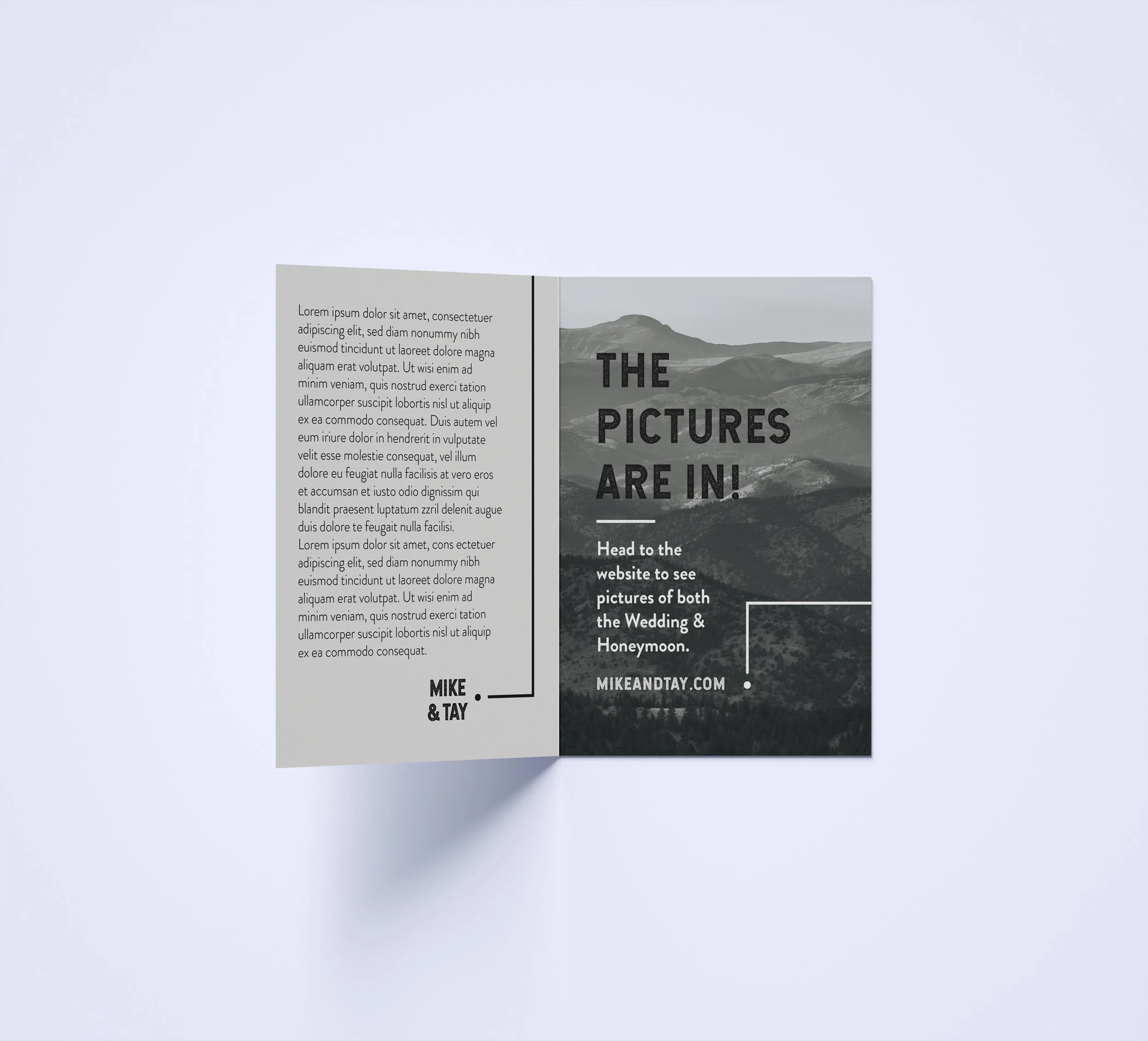 Open booklet or brochure with text and a black-and-white mountainous landscape on the right page. Left page has placeholder text.