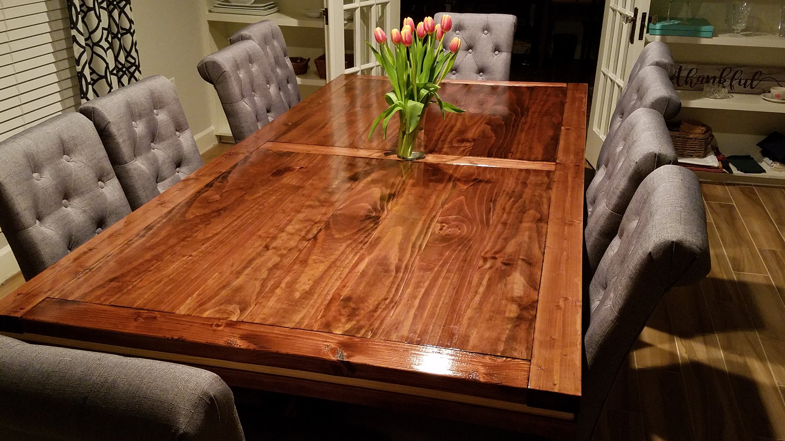 Custom elegant and durable farmhouse dining table. Seats 8-12 comfortably, and up to 14 with bench seating.