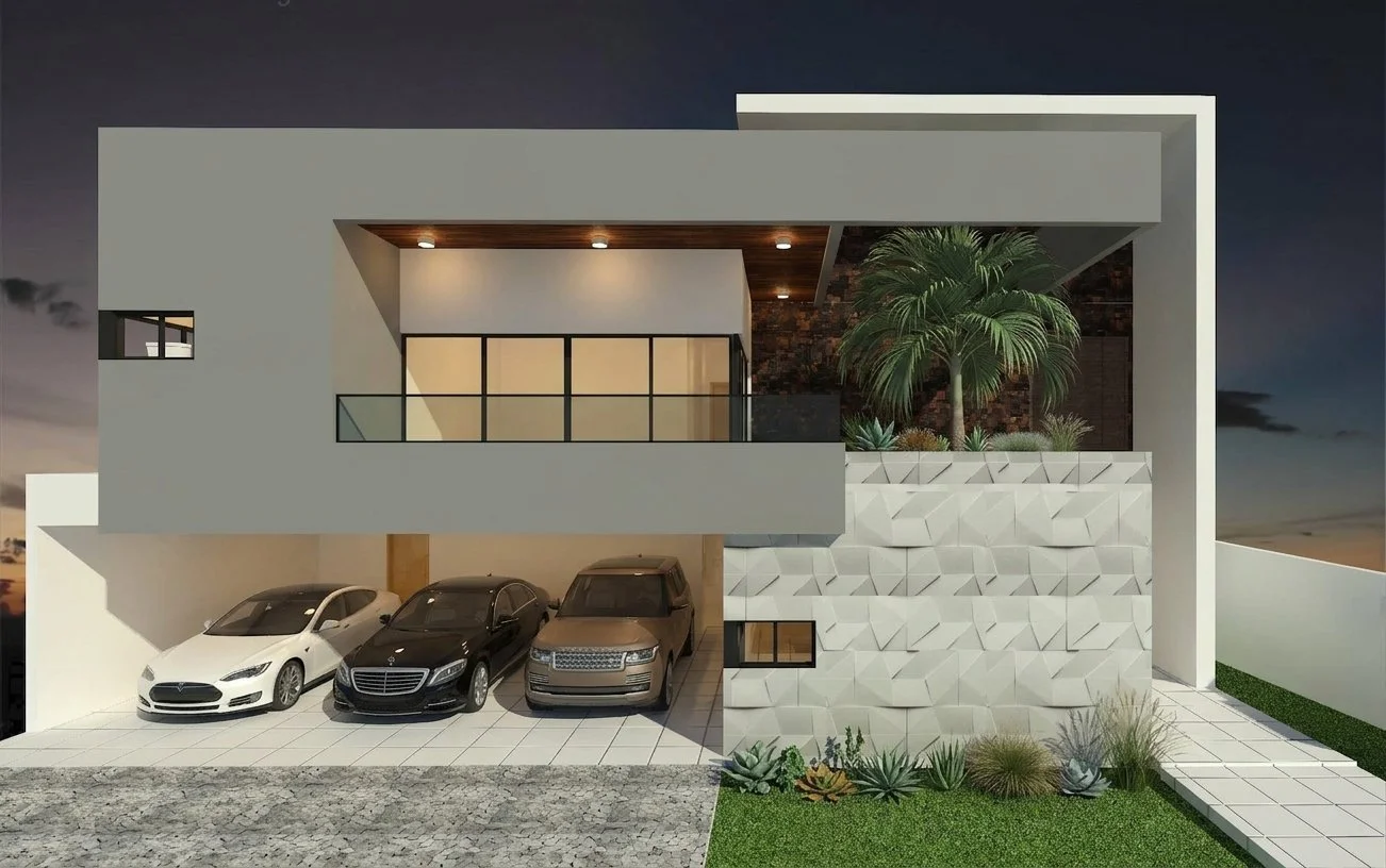 Front render of a two storey house at dusk, with carport and balcony