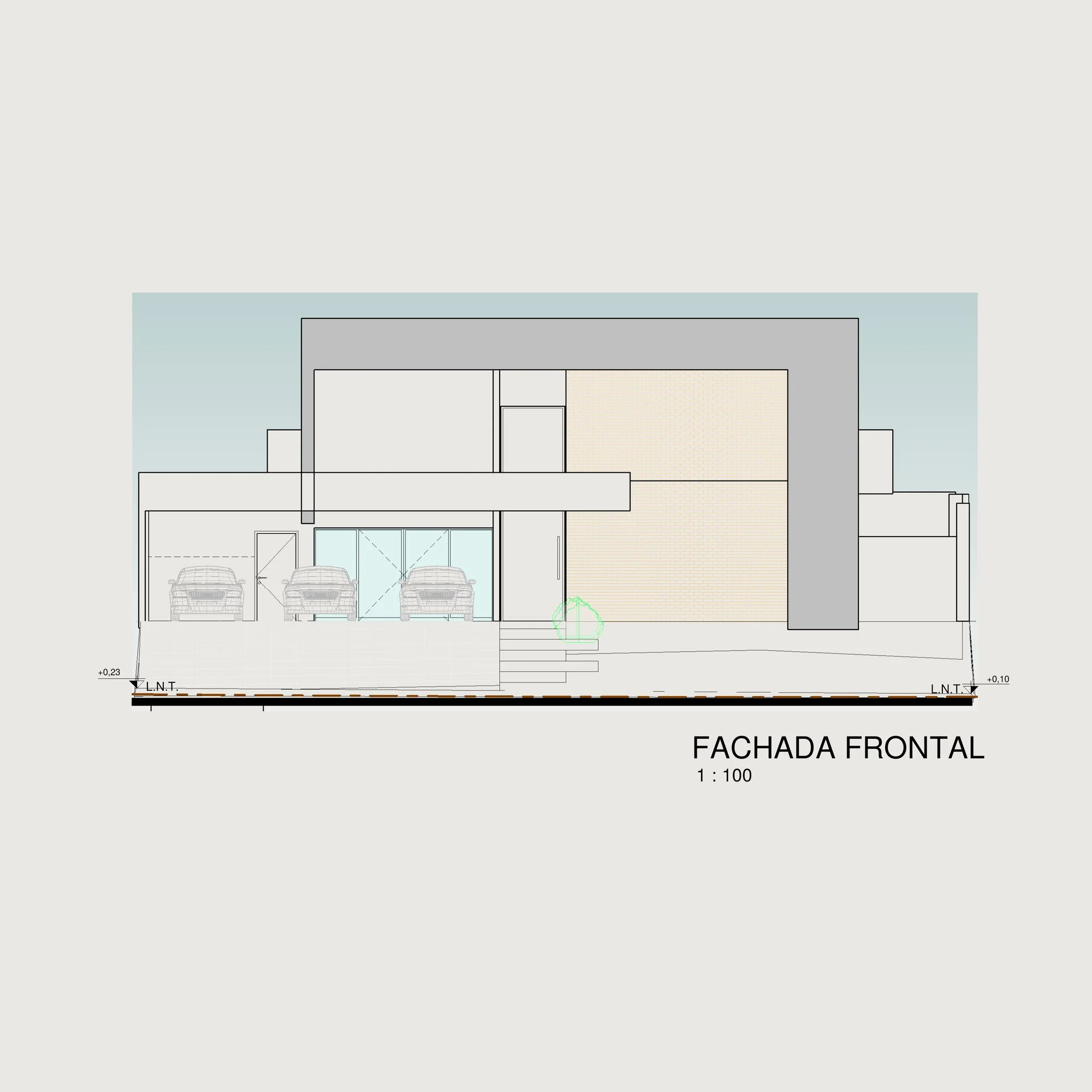 Front elevation of a residential house with garage and driveway