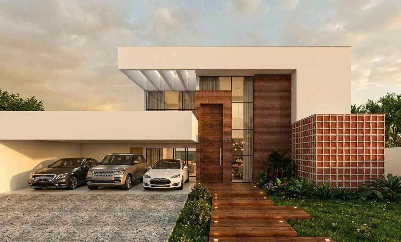 Front render of a two storey house with a timber entrance walkway and brick screen wall