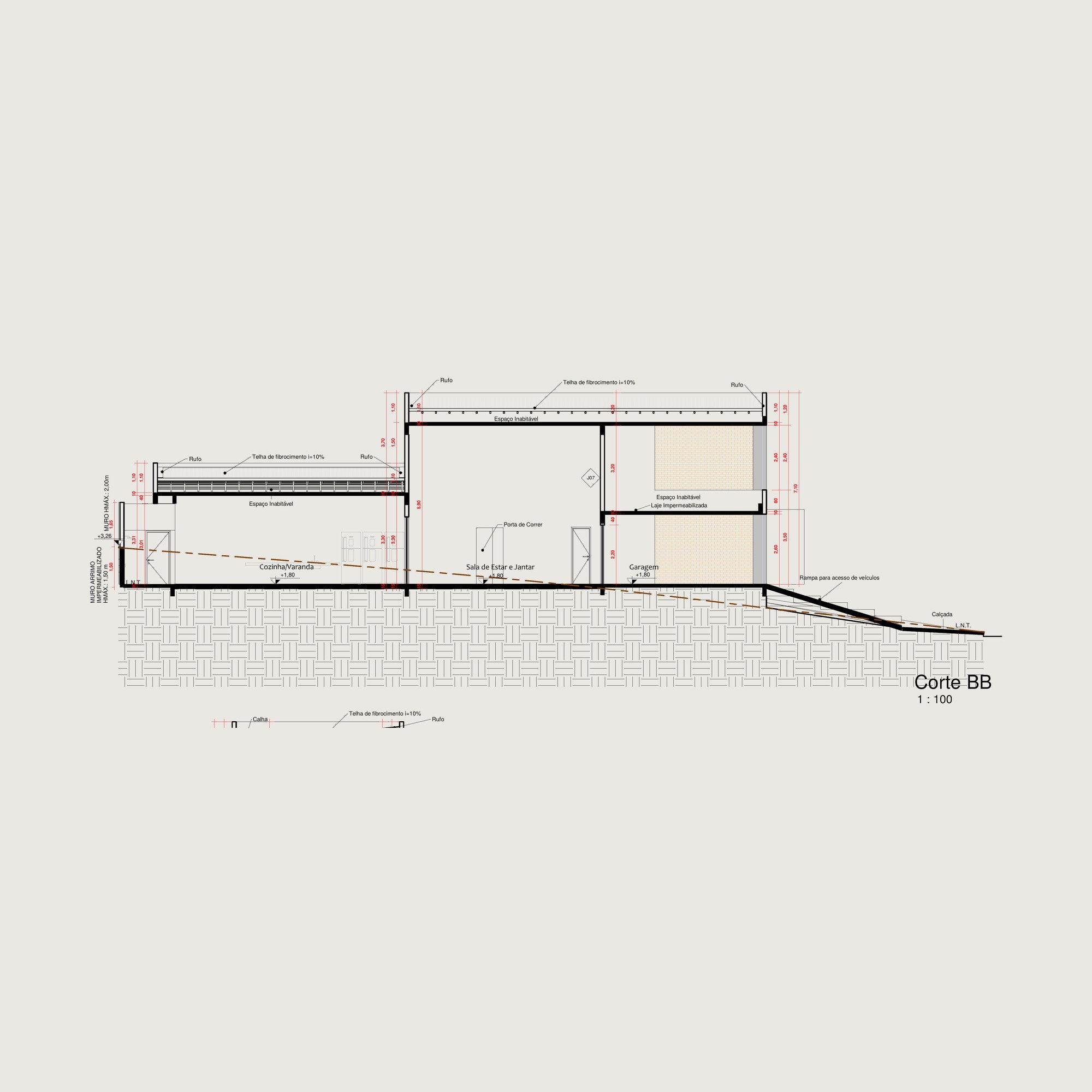Section through a two storey house with a stepped site