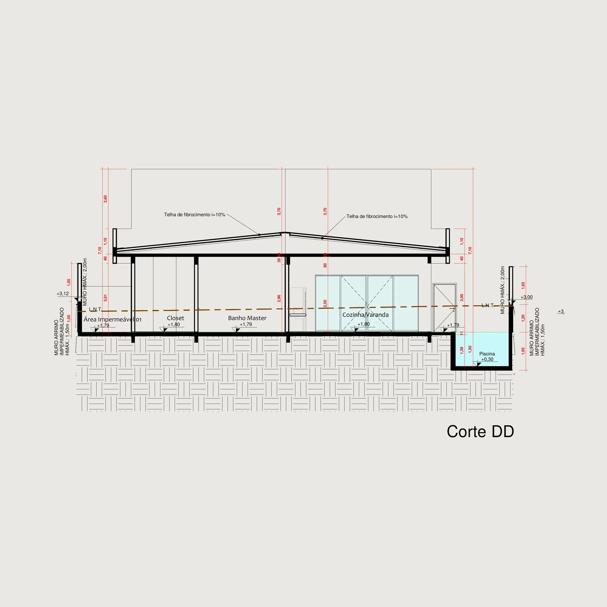 Section through a single storey house, showing the kitchen and main bathroom
