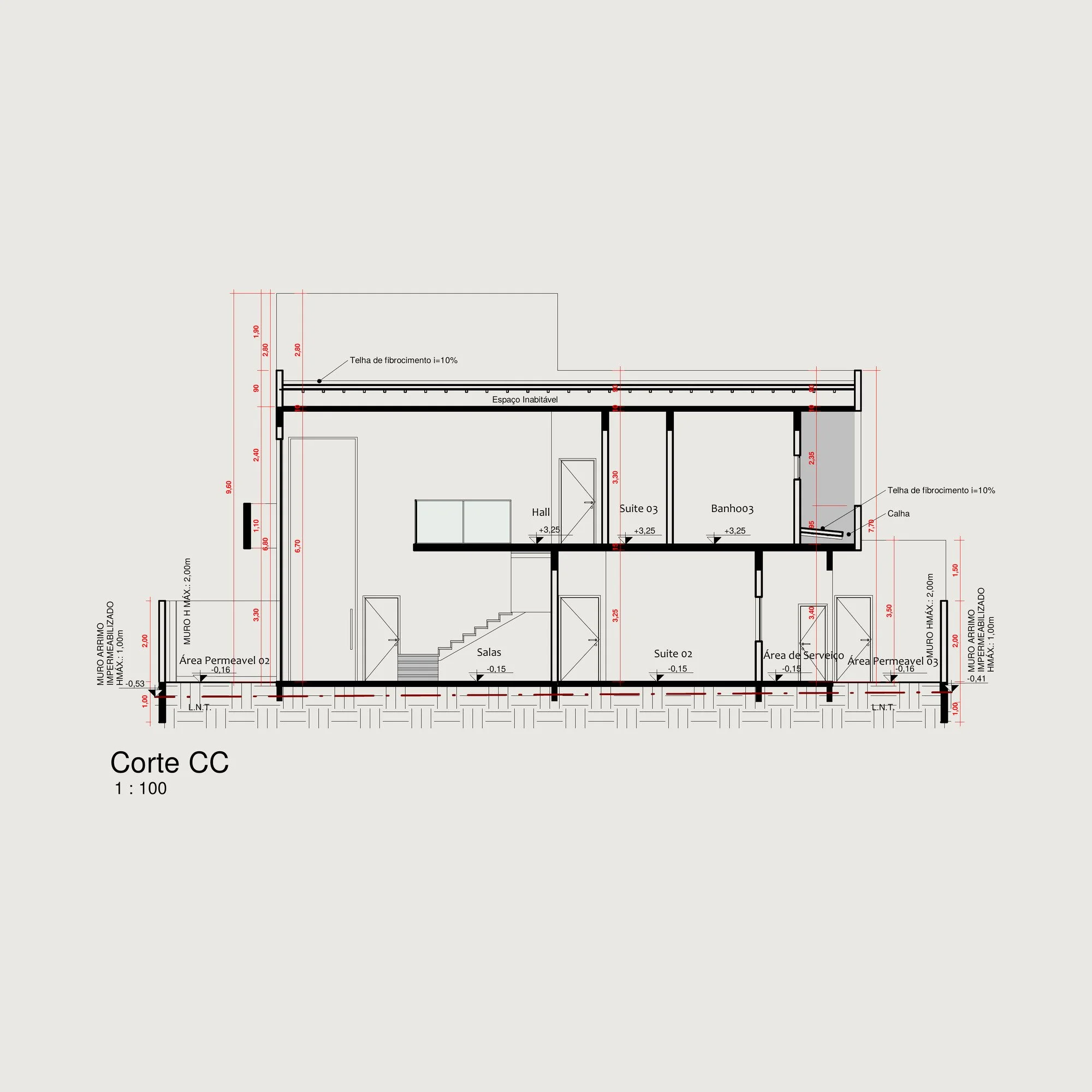 Section through a two storey house, showing the hall and bedroom suites