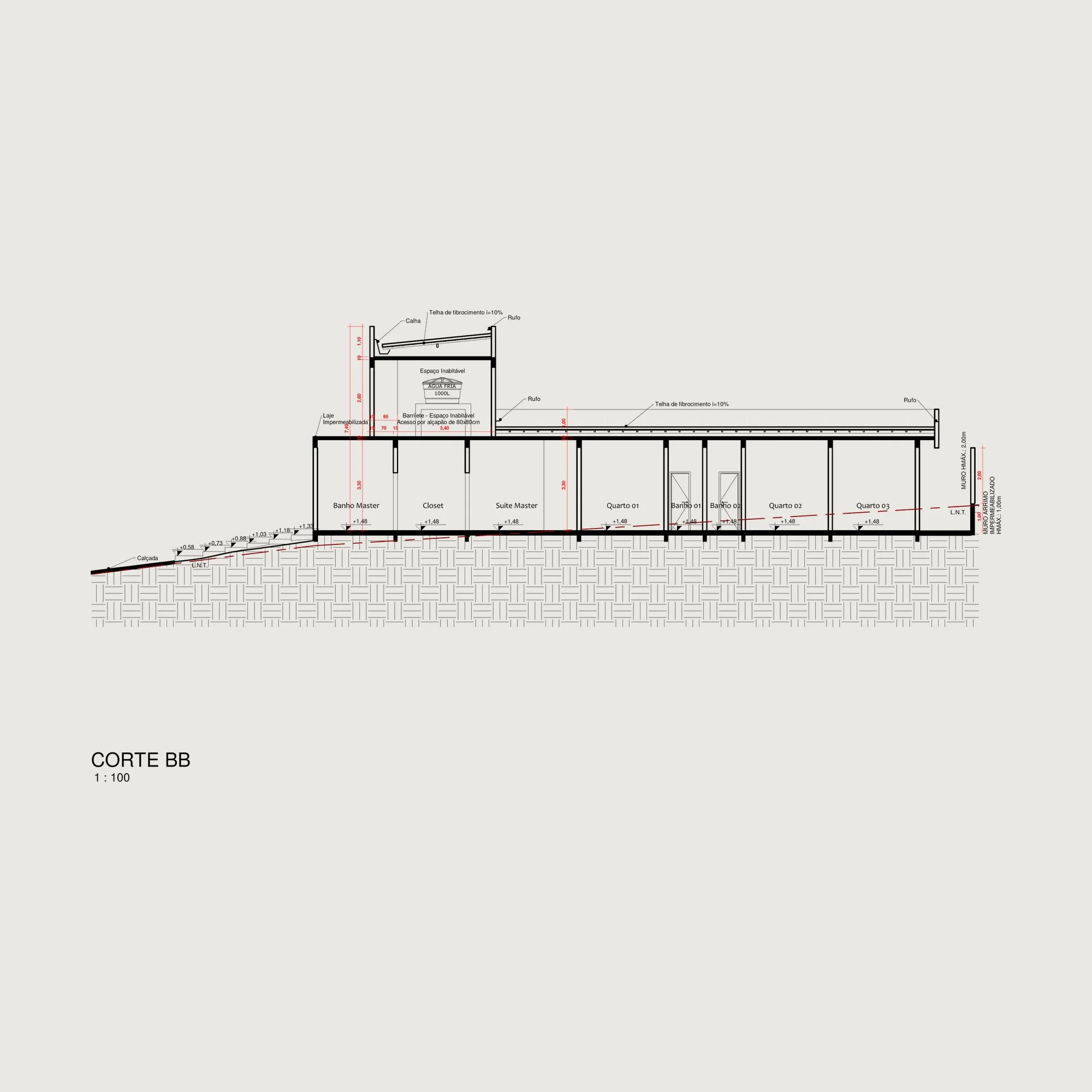 Section through a single storey house on a sloping site