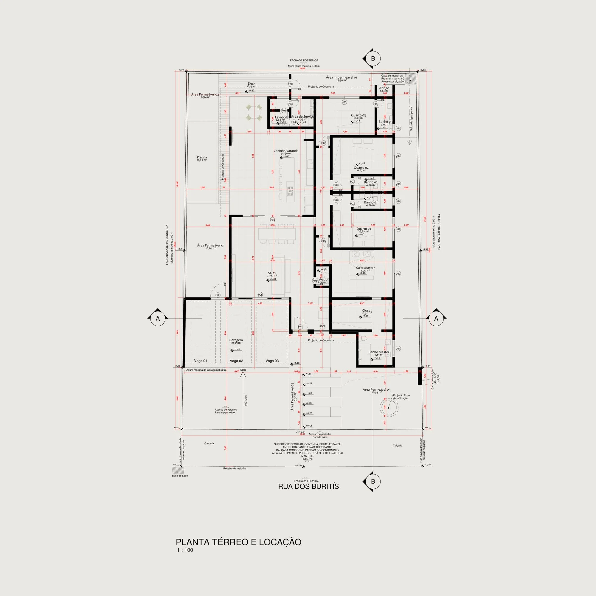 Ground floor plan of a residential house with garage, pool and bedrooms