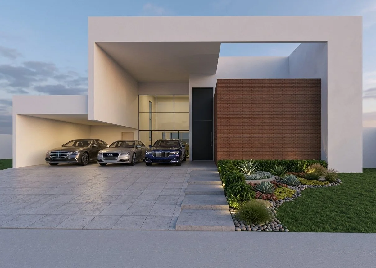 Exterior render of a residential house with a flat roof and timber clad entrance