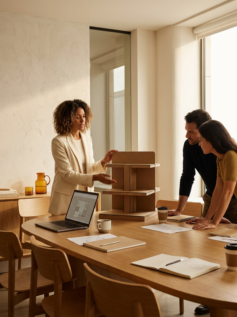 Three people in a meeting room discussing a presentation with templates and documents on the table.