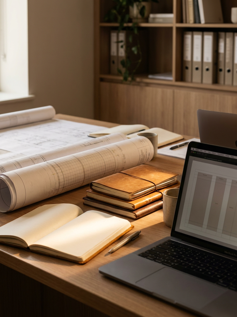 Architectural plans and notebooks on a wooden desk with a laptop, pens, and cups, in a home office or study room.