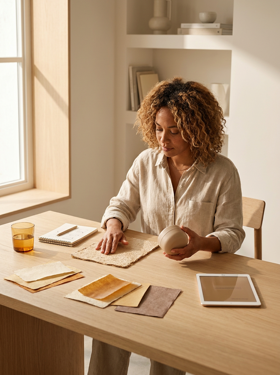 Woman sitting at a wooden table in a well-lit room, examining a ceramic object. The table has fabric samples, a glass of tea, a notepad with a pen, a tablet, and a white shelf with books and decorative items in the background.