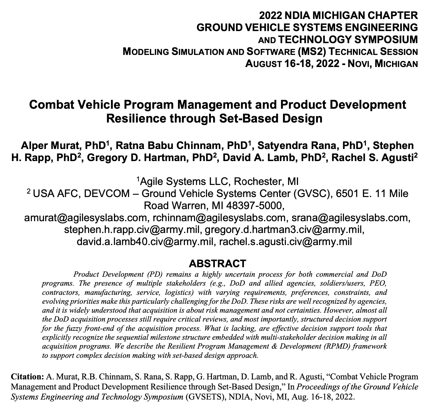 GVSETS 2022 Talk: Combat Vehicle Program Management and Product Development Resilience Through Set-Based Design