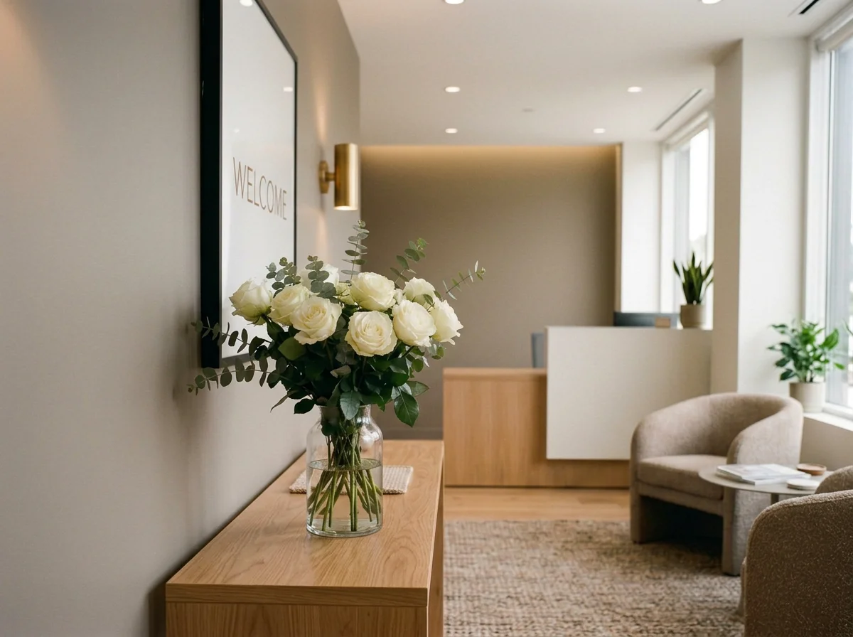 A modern, well-lit waiting area with a glass vase of white roses and greenery on a wooden console table. In the background, there is a reception desk with a grey wall behind it, and a few potted plants near the windows, creating a welcoming atmosphere.