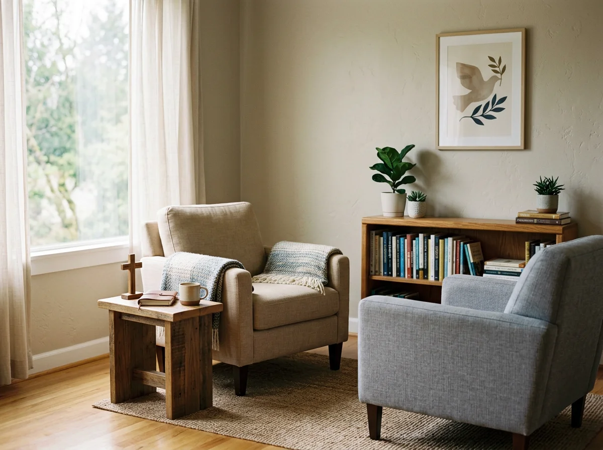 Cozy living room with two armchairs, a small wooden side table holding a cross, a book, a mug, and a plaid blanket, a wooden bookshelf filled with books, and framed artwork of a bird on the wall next to a window with curtains.