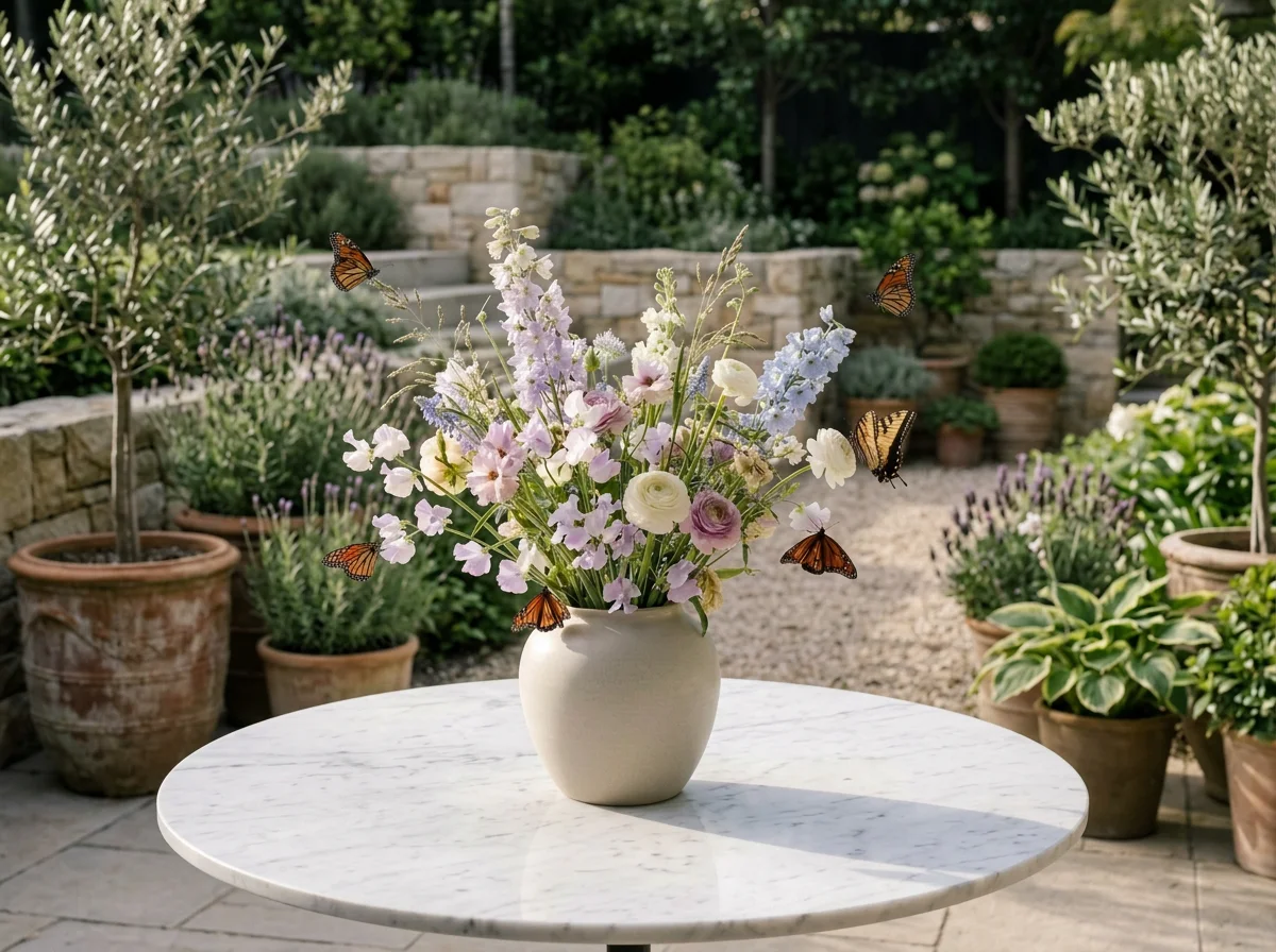 A white vase filled with pink, purple, and white flowers sits on a round marble table, surrounded by butterflies in an outdoor garden with potted plants and stone walls.