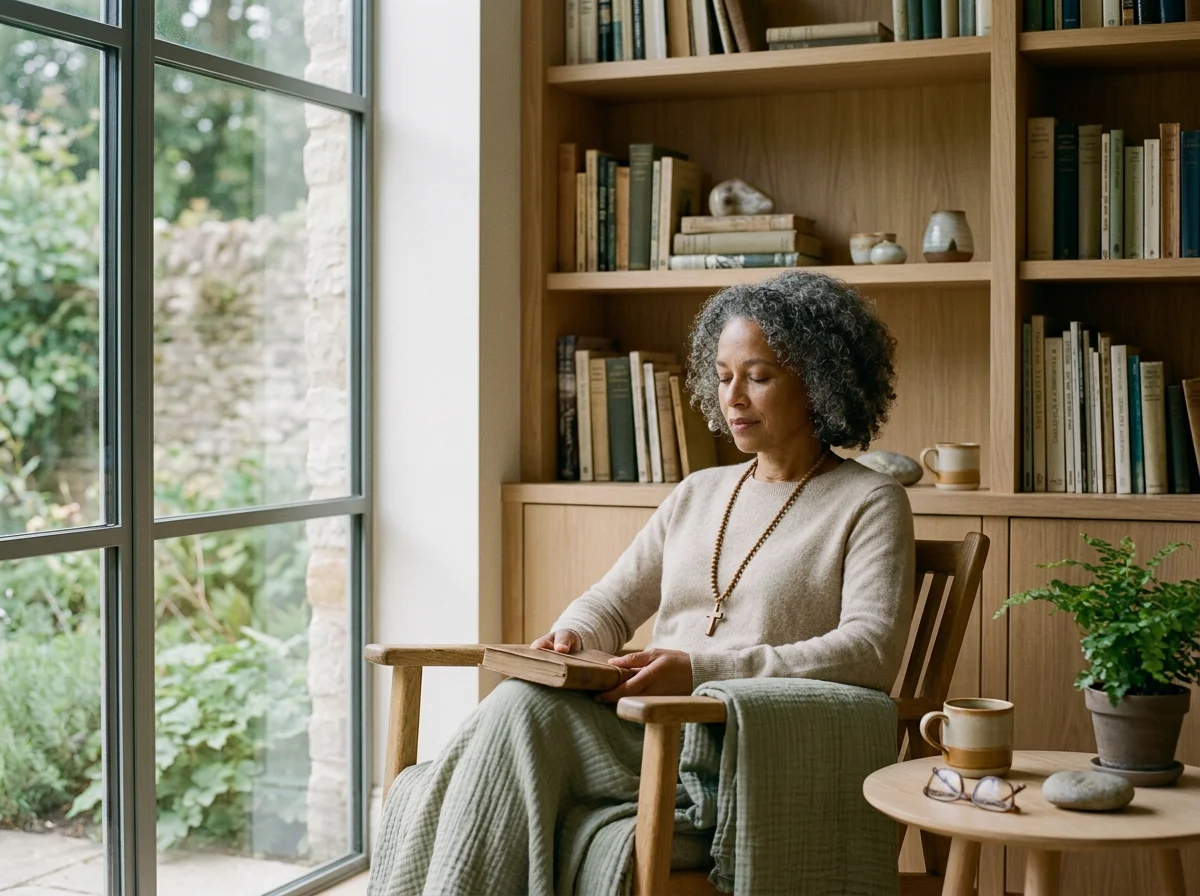 A woman with curly gray hair, wearing a beige sweater and a cross necklace, is sitting in a wooden chair reading a book. She is by a large window with a view of a garden and is near a wooden bookshelf filled with books and decorative items. There is a small round table with a potted plant, a cup, and a pair of glasses in front of her.